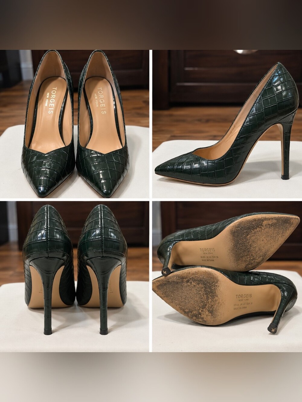 Torgeis New York Dark Green Croc-Embossed Pointed-Toe Pumps – Size 8.5